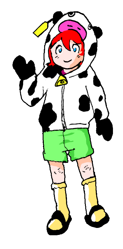 Red haired girl with a cow-hoodie standing in the snow.